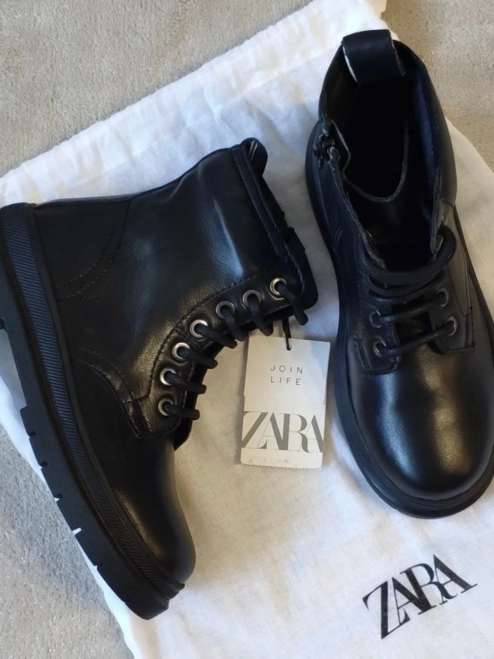 Zara Black Leather Lace-Up Kids Ankle Boots